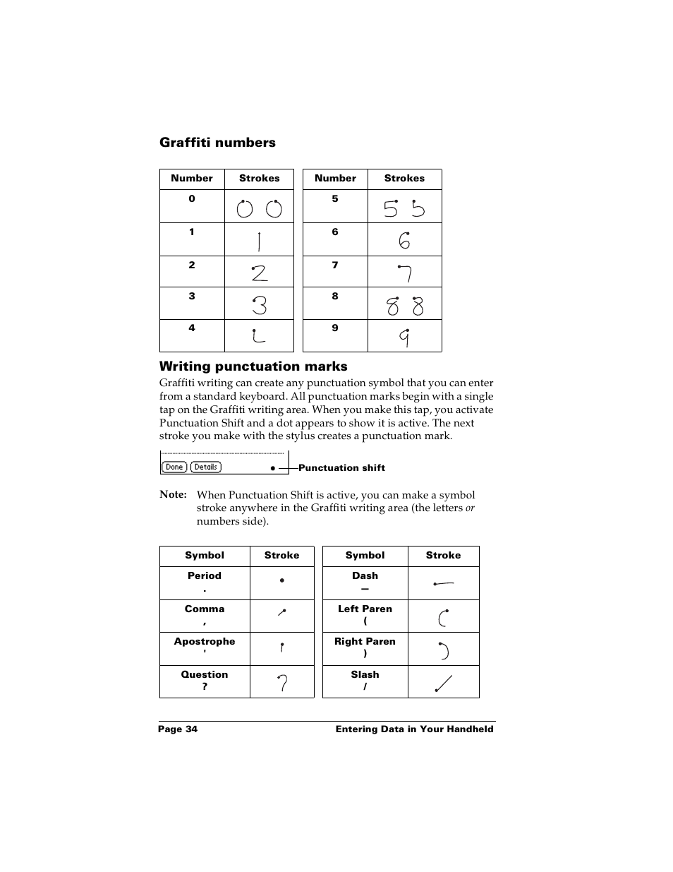 Graffiti numbers, Writing punctuation marks, Graffiti numbers writing punctuation marks | Palm PalmTM m100 User Manual | Page 42 / 232