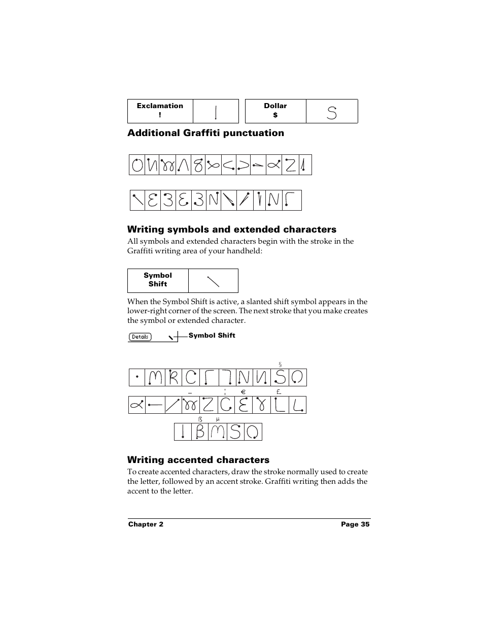 Additional graffiti punctuation, Writing symbols and extended characters, Writing accented characters | Palm PalmTM m100 User Manual | Page 43 / 232