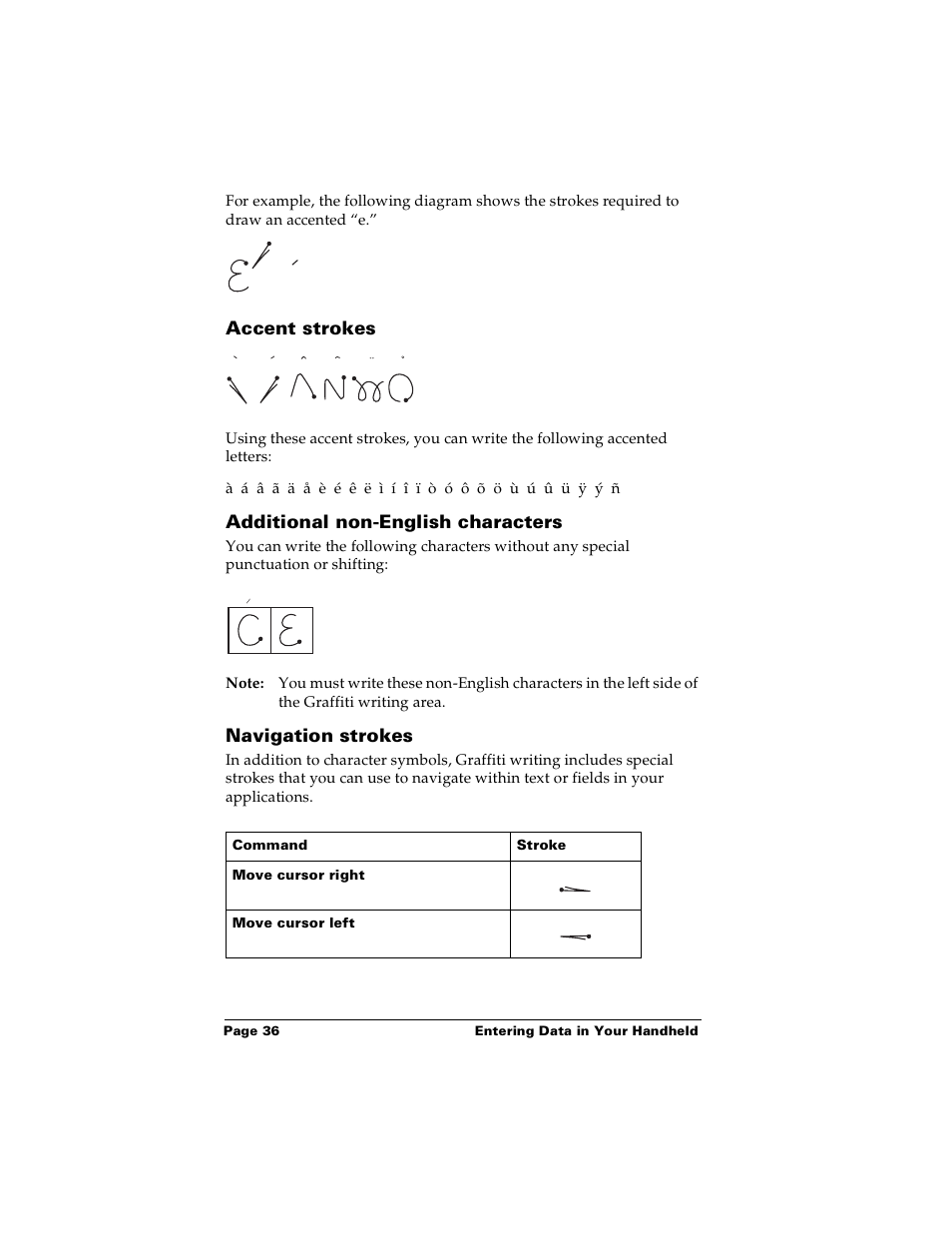 Accent strokes, Additional non-english characters, Navigation strokes | Palm PalmTM m100 User Manual | Page 44 / 232