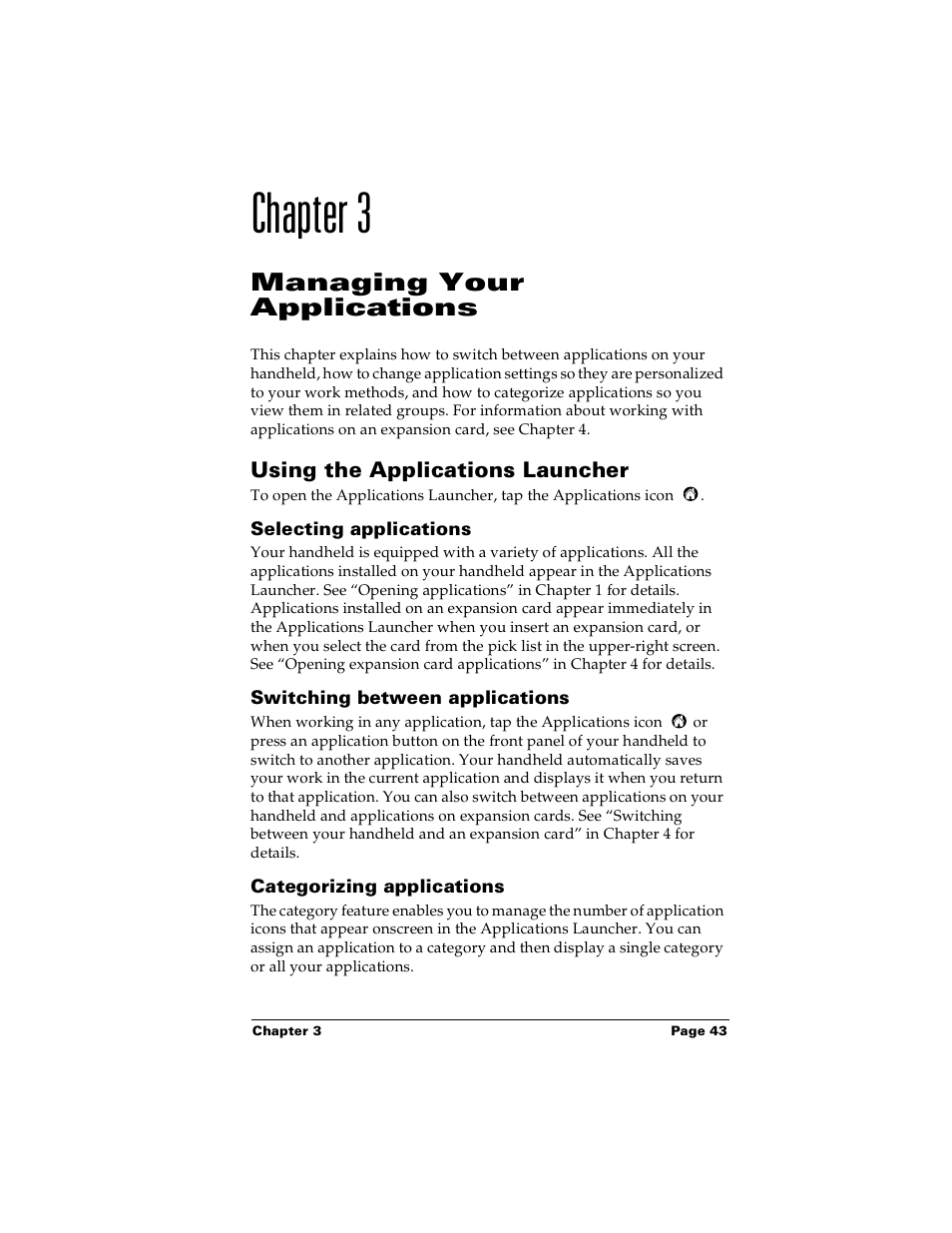 Chapter 3: managing your applications, Using the applications launcher, Selecting applications | Switching between applications, Categorizing applications, See “categorizing applications” in chapter 3, Chapter 3, Managing your applications | Palm PalmTM m100 User Manual | Page 51 / 232