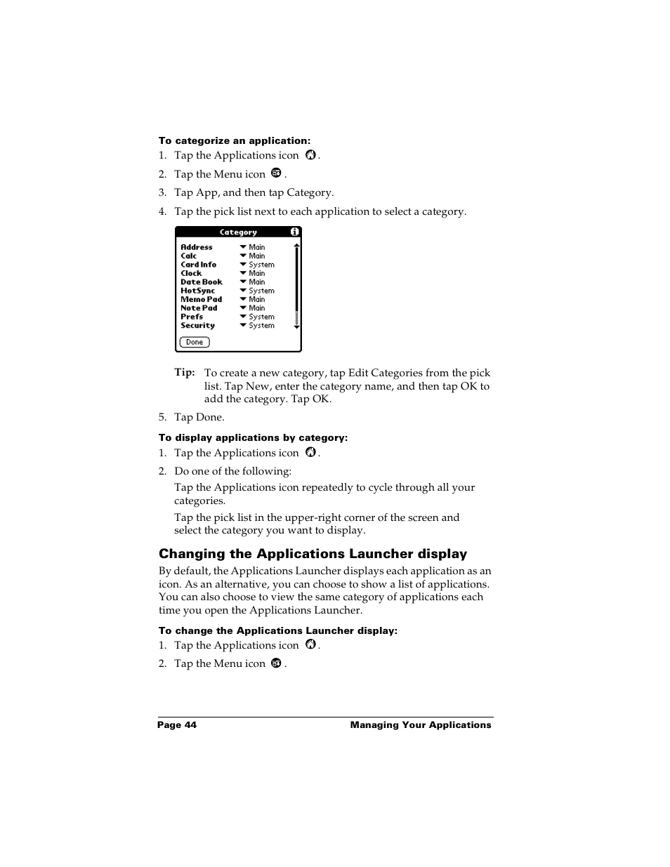 To categorize an application, To display applications by category, Changing the applications launcher display | To change the applications launcher display | Palm PalmTM m100 User Manual | Page 52 / 232