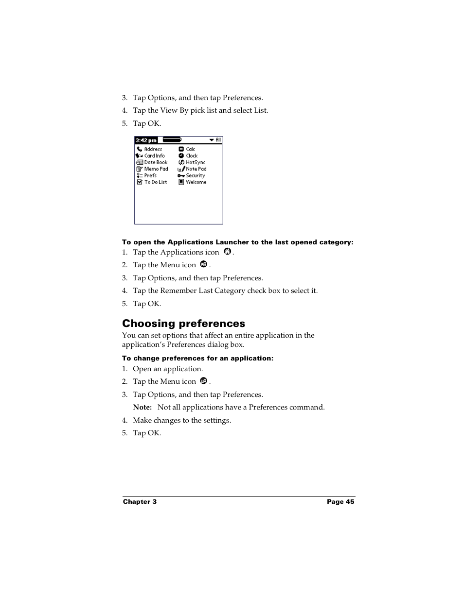 Choosing preferences, To change preferences for an application | Palm PalmTM m100 User Manual | Page 53 / 232
