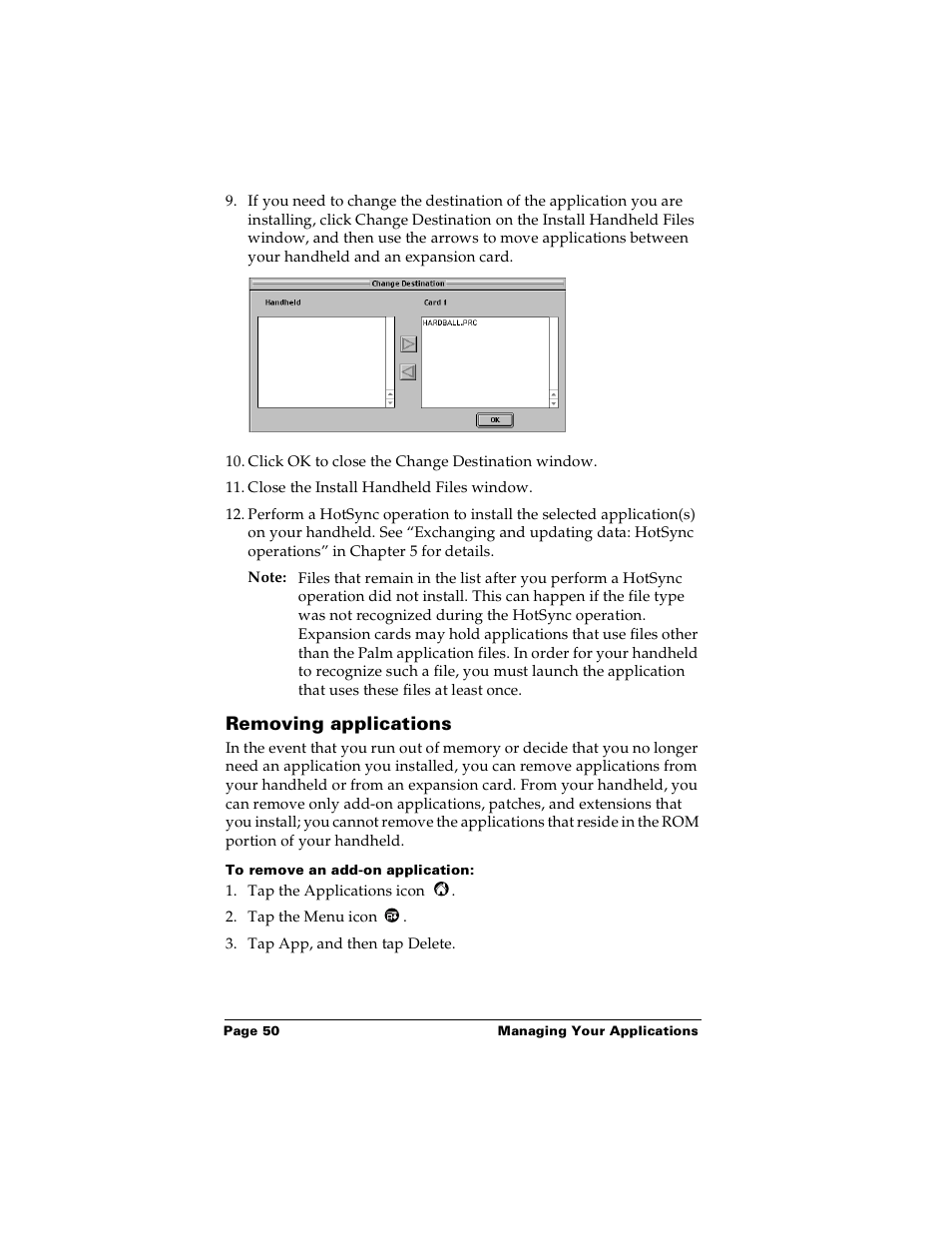 Removing applications, To remove an add-on application | Palm PalmTM m100 User Manual | Page 58 / 232