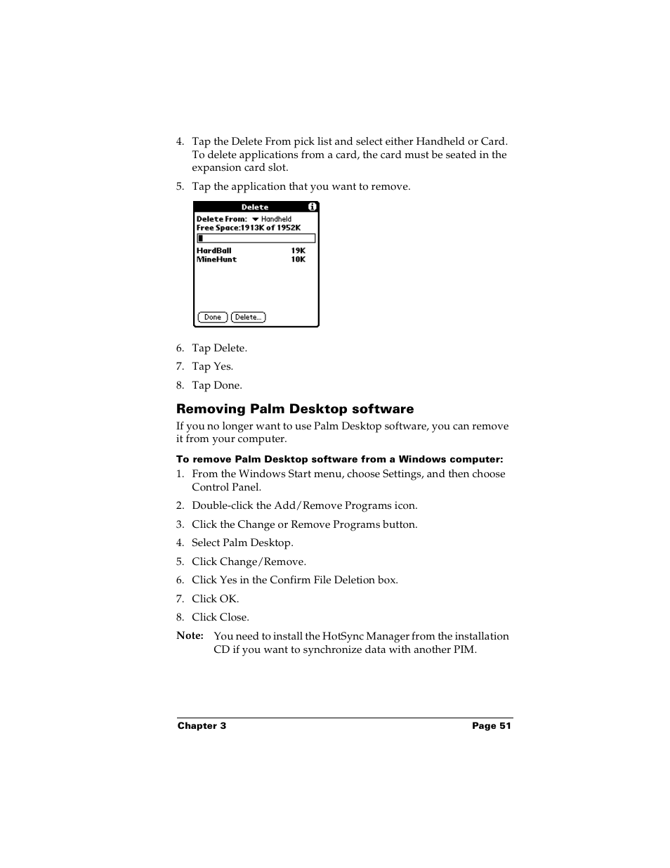 Removing palm desktop software | Palm PalmTM m100 User Manual | Page 59 / 232