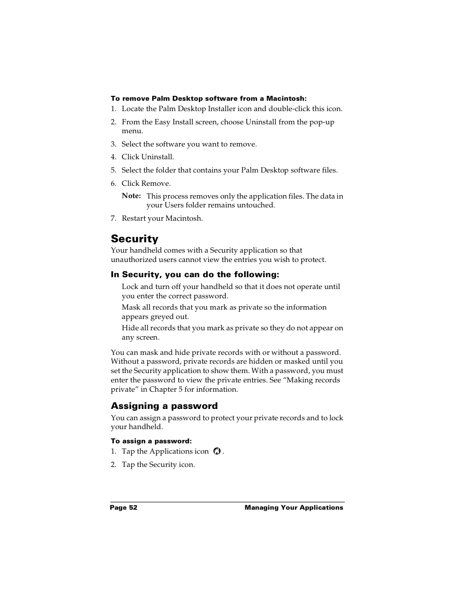 To remove palm desktop software from a macintosh, Security, In security, you can do the following | Assigning a password, To assign a password | Palm PalmTM m100 User Manual | Page 60 / 232