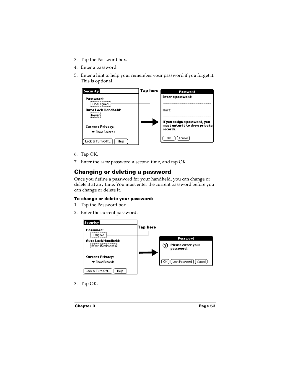 Changing or deleting a password, To change or delete your password | Palm PalmTM m100 User Manual | Page 61 / 232