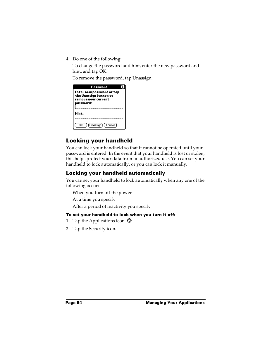 Locking your handheld, Locking your handheld automatically, To set your handheld to lock when you turn it off | Palm PalmTM m100 User Manual | Page 62 / 232