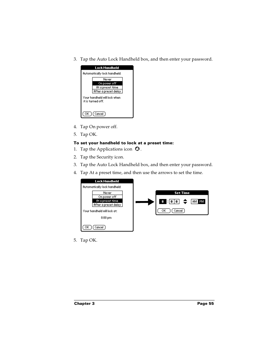 To set your handheld to lock at a preset time | Palm PalmTM m100 User Manual | Page 63 / 232