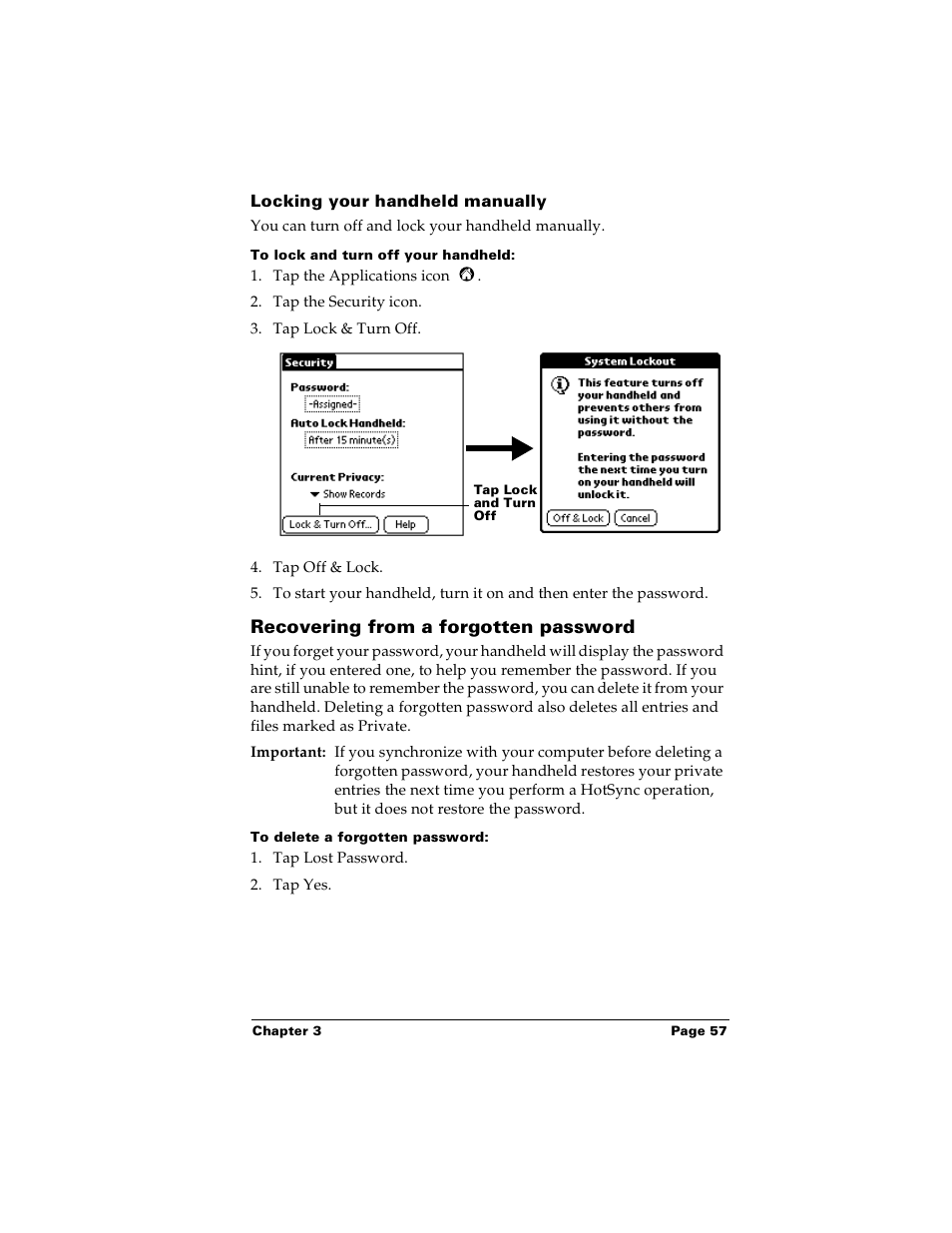 Locking your handheld manually, To lock and turn off your handheld, Recovering from a forgotten password | To delete a forgotten password | Palm PalmTM m100 User Manual | Page 65 / 232