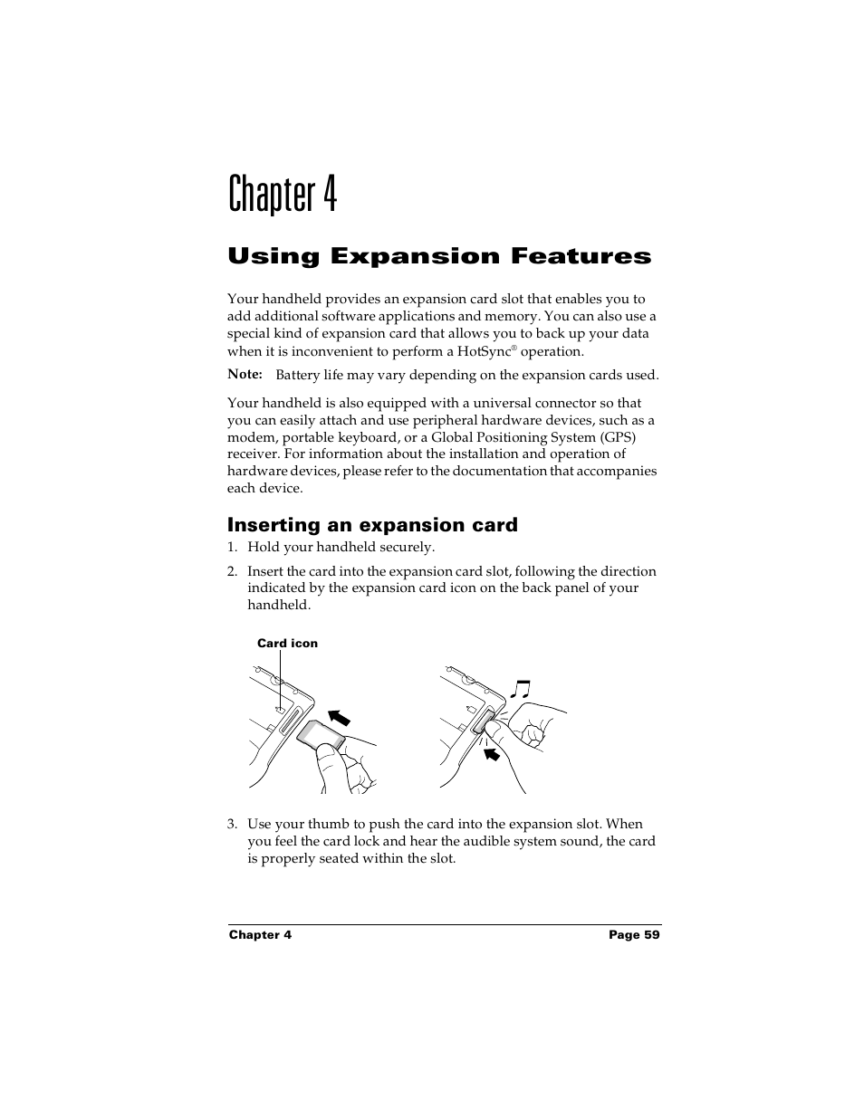 Chapter 4: using expansion features, Inserting an expansion card, Chapter 4 | Using expansion features | Palm PalmTM m100 User Manual | Page 67 / 232