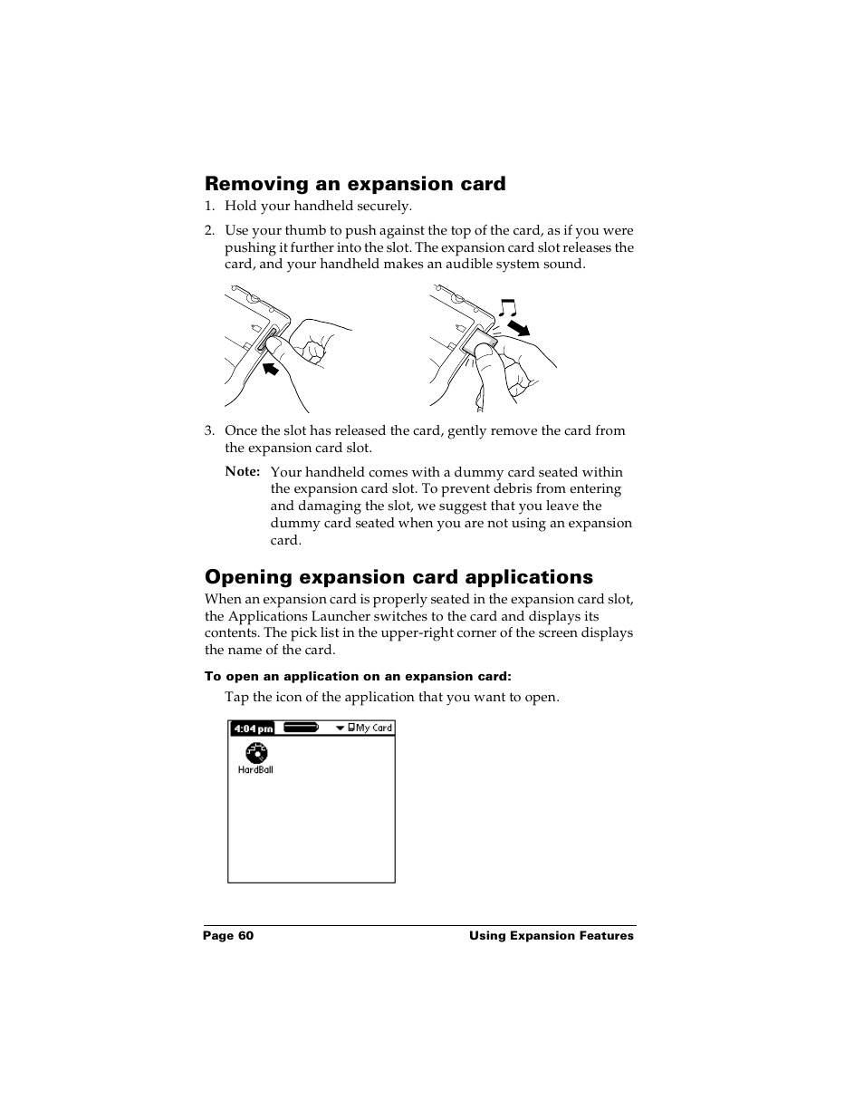 Removing an expansion card, Opening expansion card applications, To open an application on an expansion card | Opening expansion card applications” in chapter 4 | Palm PalmTM m100 User Manual | Page 68 / 232