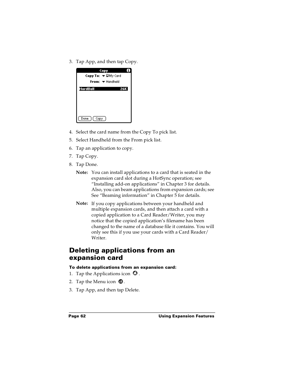 Deleting applications from an expansioncard, To delete applications from an expansion card, Deleting applications from an expansion card | Palm PalmTM m100 User Manual | Page 70 / 232
