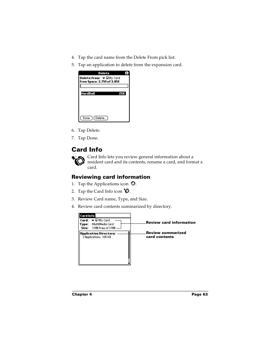 Card info, Reviewing card information | Palm PalmTM m100 User Manual | Page 71 / 232