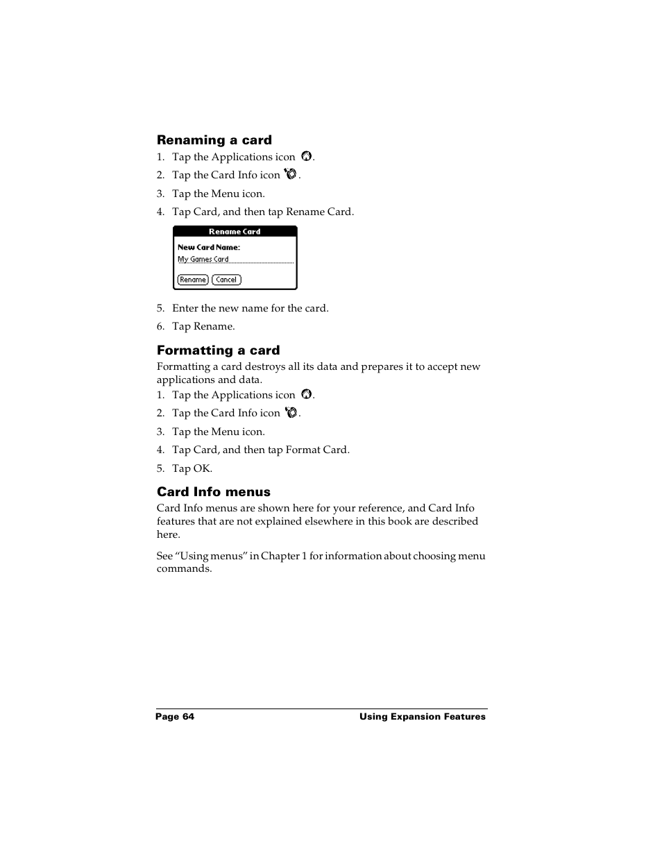 Renaming a card, Formatting a card, Card info menus | Renaming a card formatting a card card info menus, Performing an ir hotsync operation | Palm PalmTM m100 User Manual | Page 72 / 232