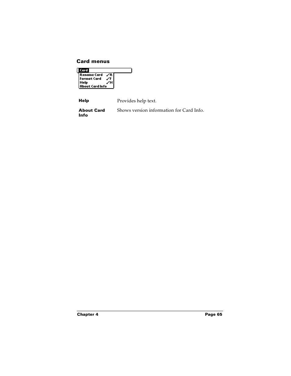 Card menus | Palm PalmTM m100 User Manual | Page 73 / 232