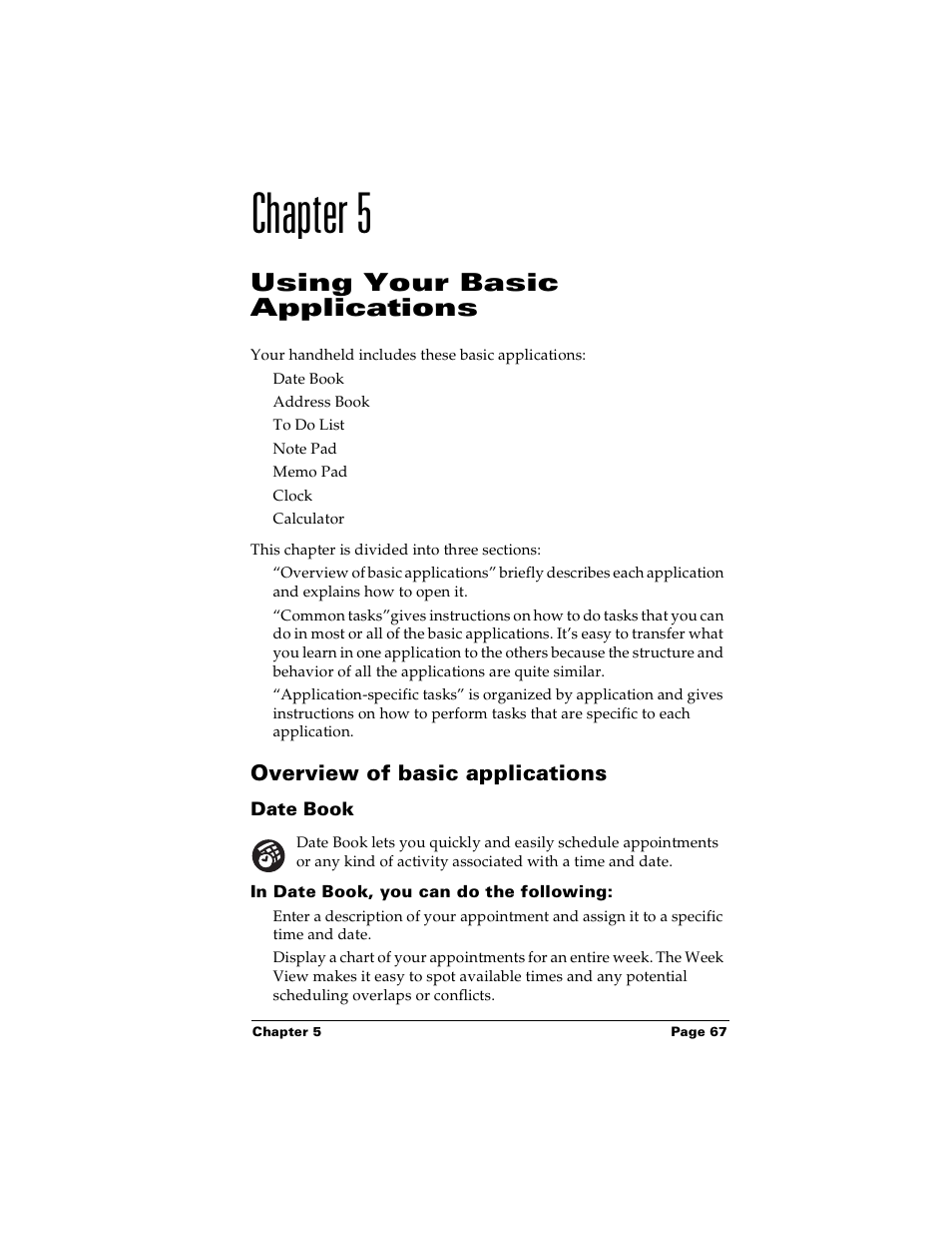 Chapter 5: using your basic applications, Overview of basic applications, Date book | In date book, you can do the following, In chapter 5, Chapter 5, Using your basic applications | Palm PalmTM m100 User Manual | Page 75 / 232