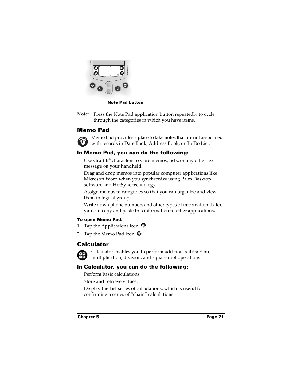 Memo pad, In memo pad, you can do the following, To open memo pad | Calculator, In calculator, you can do the following, Memo pad calculator | Palm PalmTM m100 User Manual | Page 79 / 232