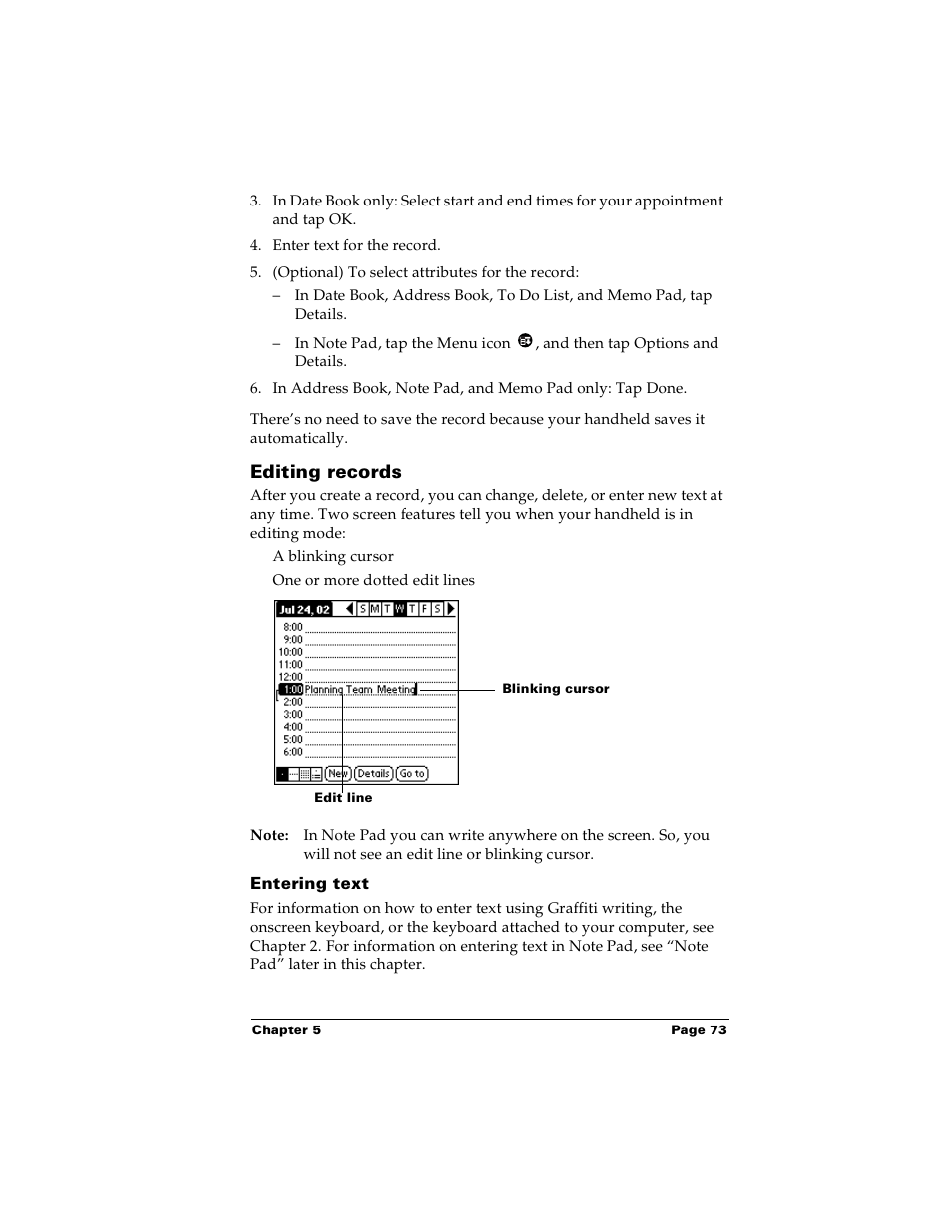 Editing records, Entering text, In “editing records | Palm PalmTM m100 User Manual | Page 81 / 232