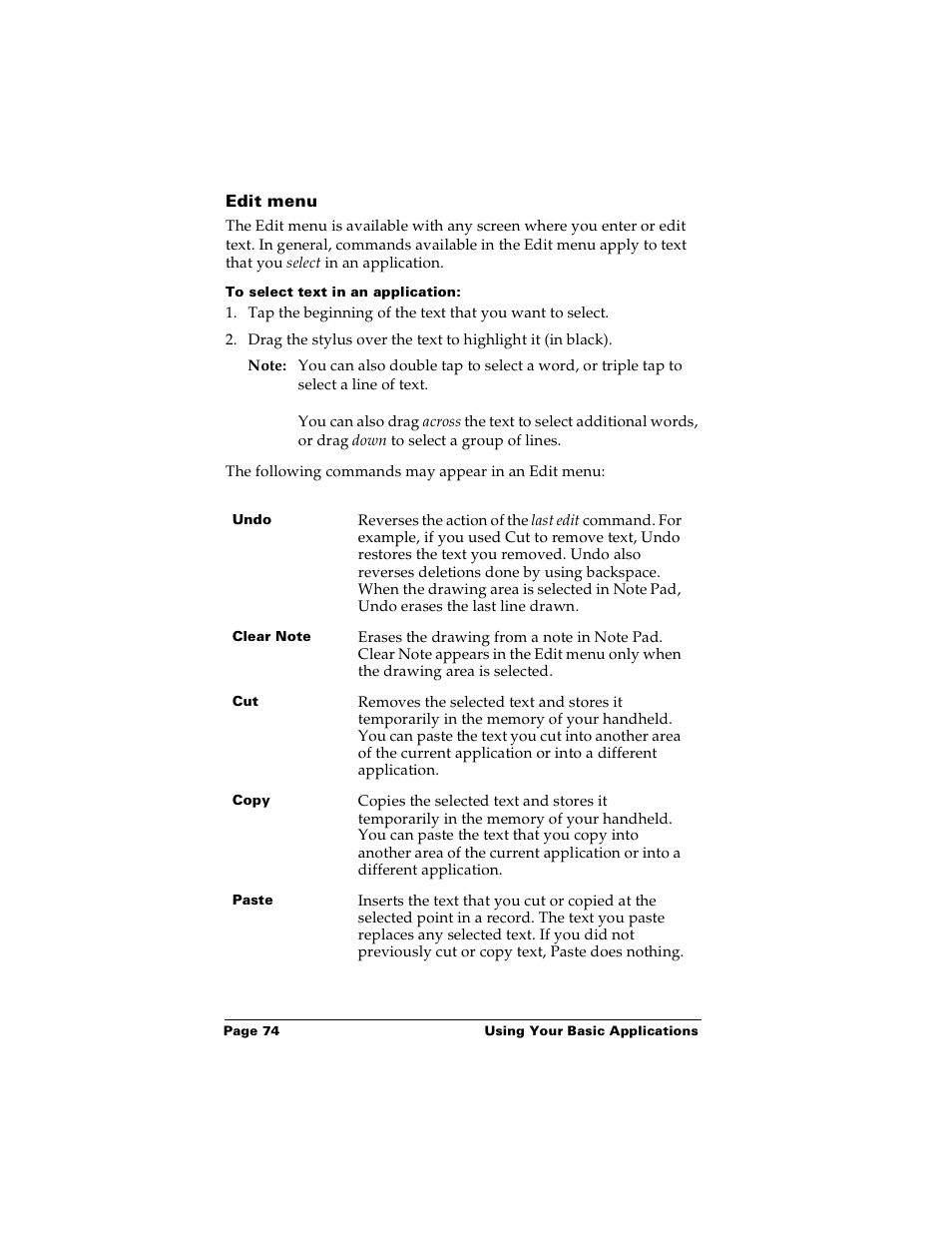 Edit menu, To select text in an application | Palm PalmTM m100 User Manual | Page 82 / 232