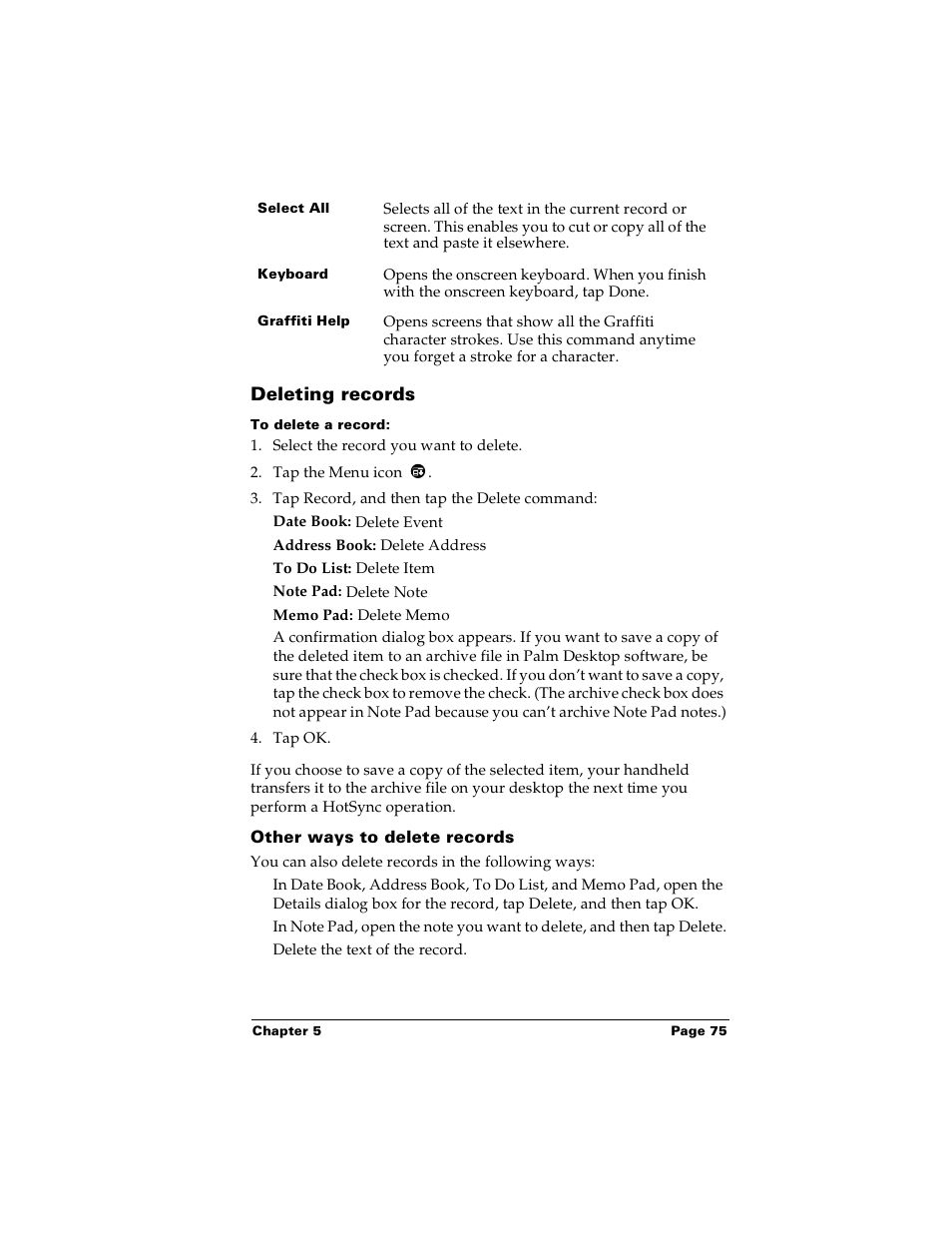 Deleting records, To delete a record, Other ways to delete records | Palm PalmTM m100 User Manual | Page 83 / 232
