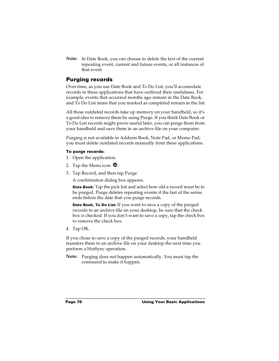 Purging records, To purge records | Palm PalmTM m100 User Manual | Page 84 / 232