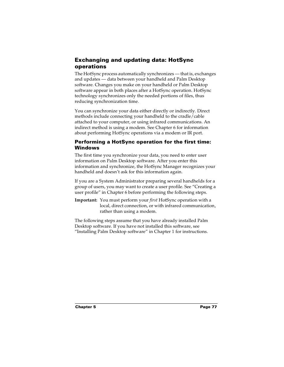 Exchanging and updating data: hotsync operations | Palm PalmTM m100 User Manual | Page 85 / 232