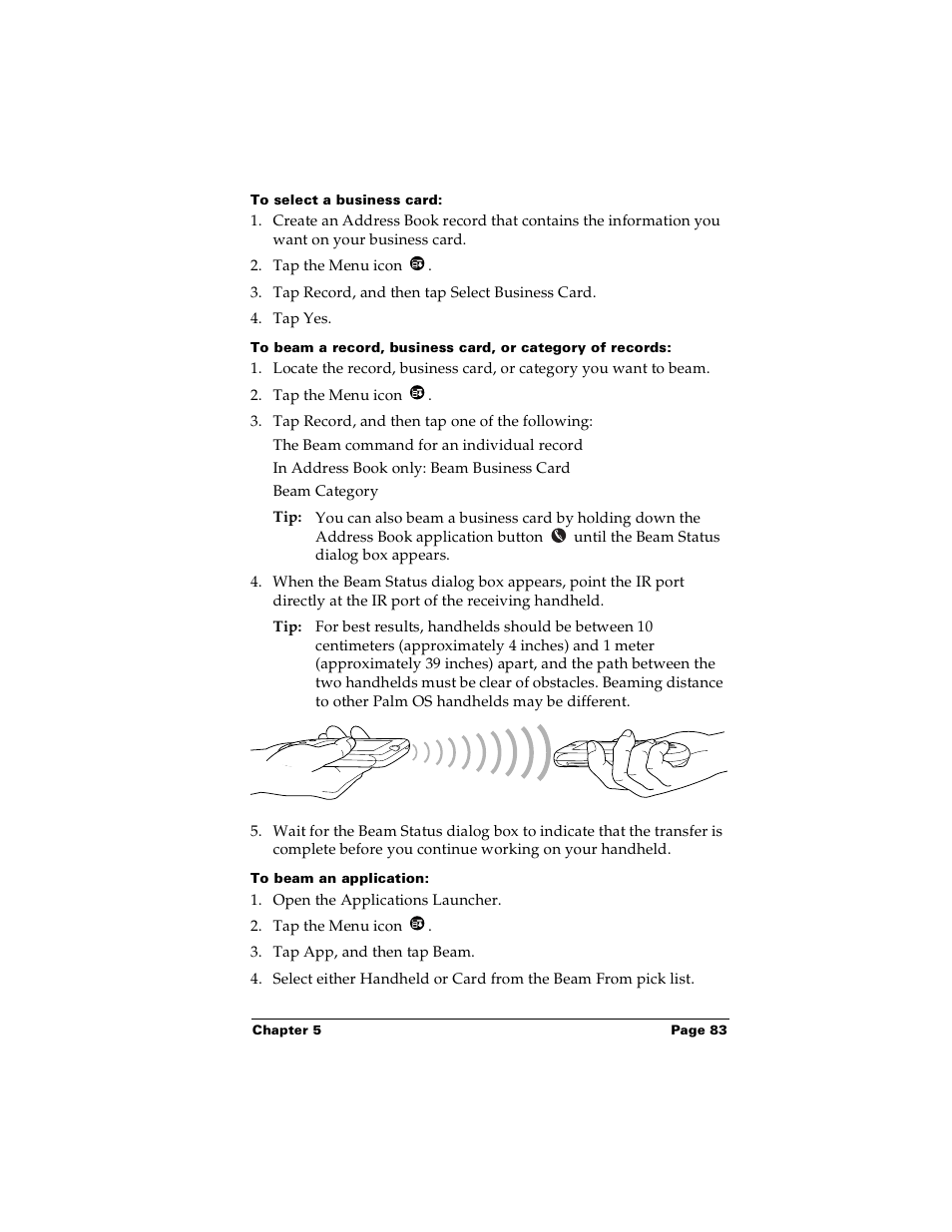 To select a business card, To beam an application | Palm PalmTM m100 User Manual | Page 91 / 232