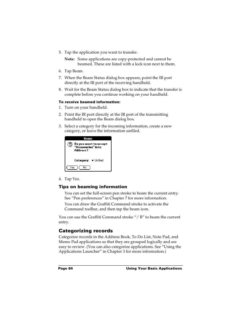 To receive beamed information, Tips on beaming information, Categorizing records | Palm PalmTM m100 User Manual | Page 92 / 232