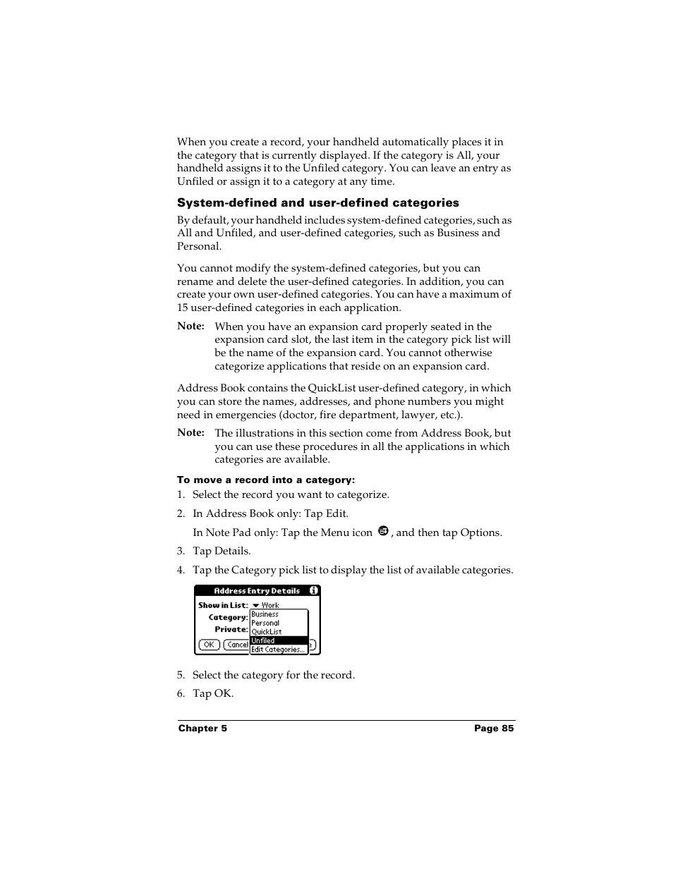 System-defined and user-defined categories, To move a record into a category | Palm PalmTM m100 User Manual | Page 93 / 232