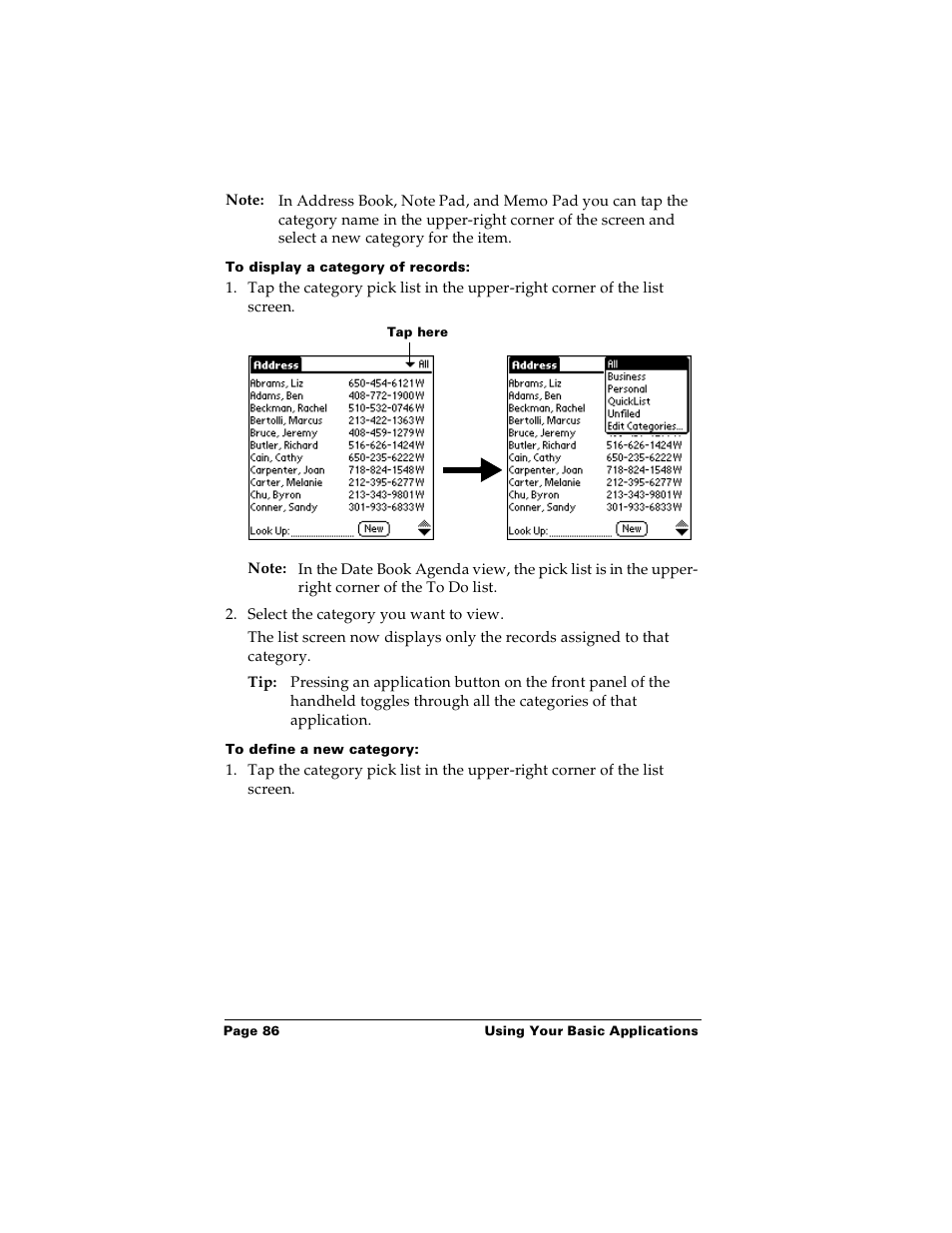 To display a category of records, To define a new category | Palm PalmTM m100 User Manual | Page 94 / 232