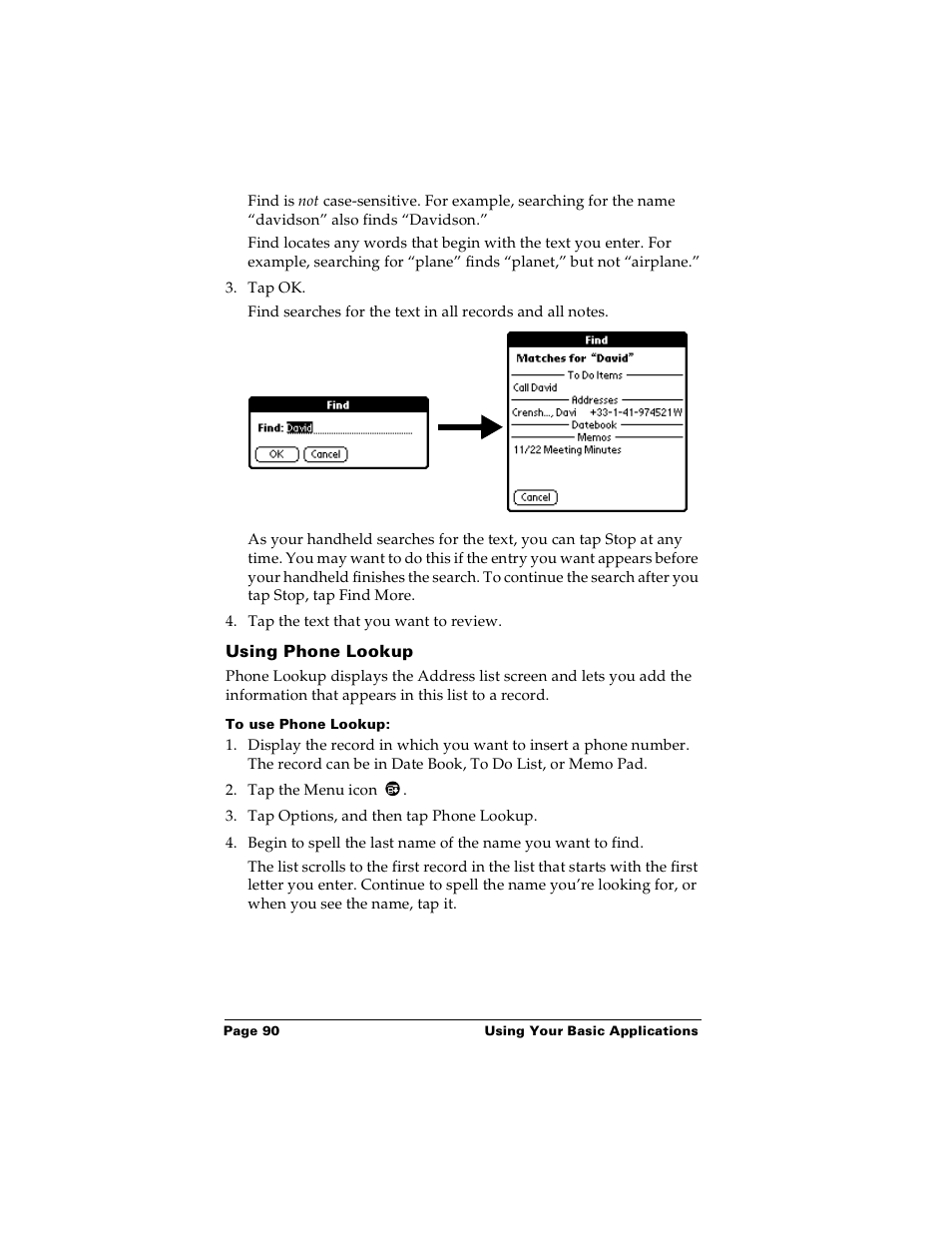 Using phone lookup, To use phone lookup | Palm PalmTM m100 User Manual | Page 98 / 232