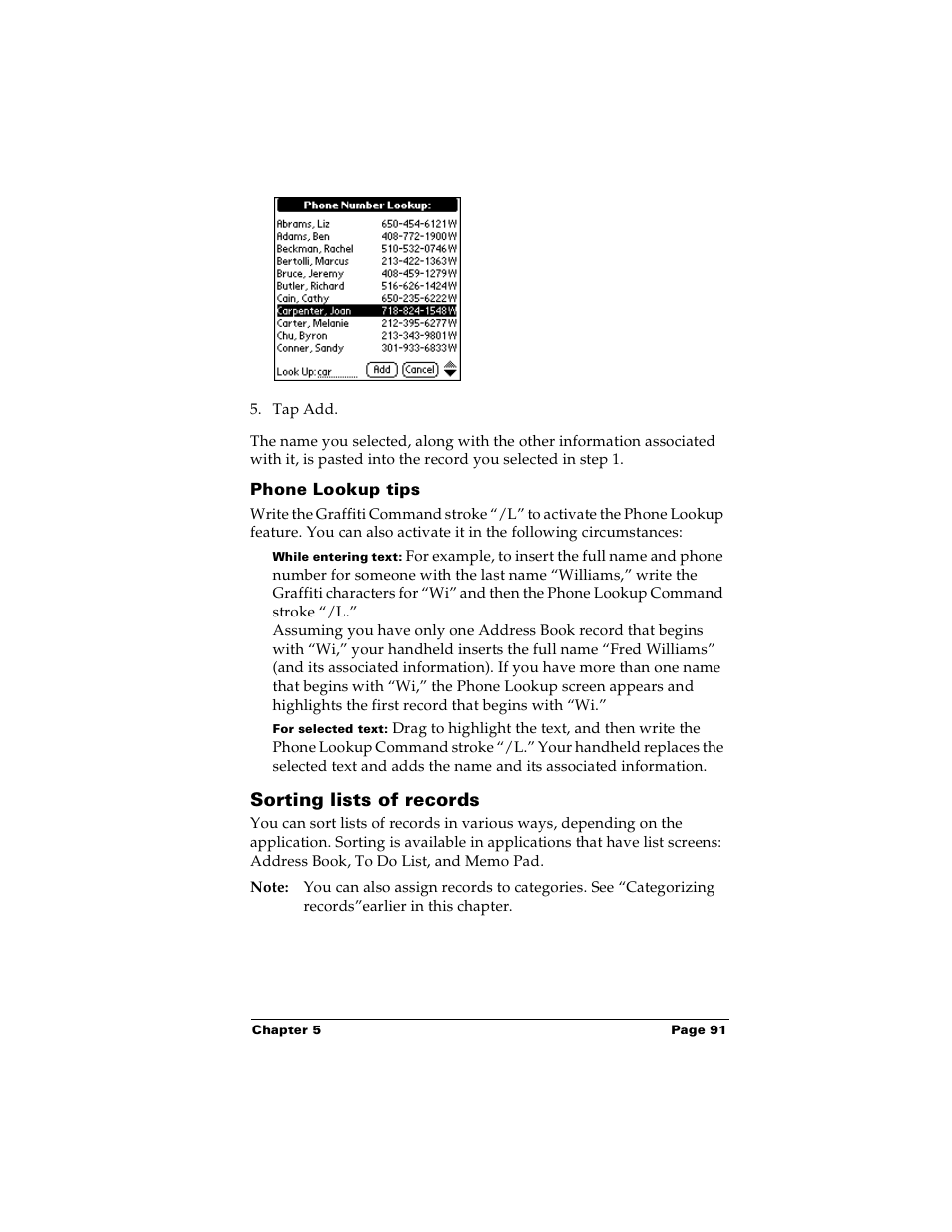 Phone lookup tips, Sorting lists of records | Palm PalmTM m100 User Manual | Page 99 / 232