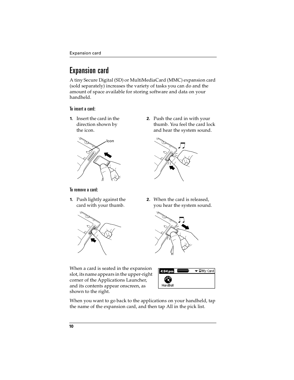 Expansion card, To insert a card, To remove a card | Palm handheld m100 User Manual | Page 14 / 28