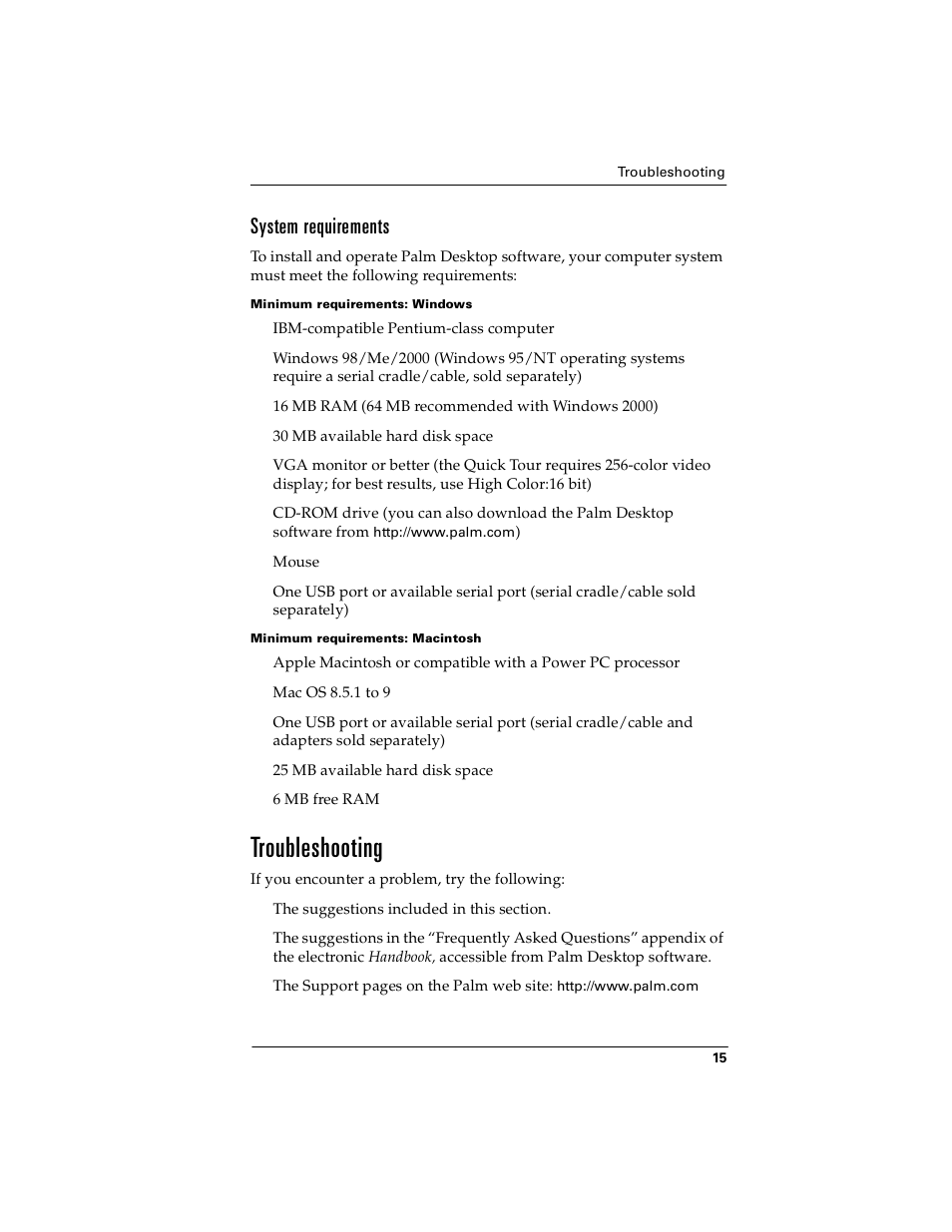 System requirements, Troubleshooting | Palm handheld m100 User Manual | Page 19 / 28