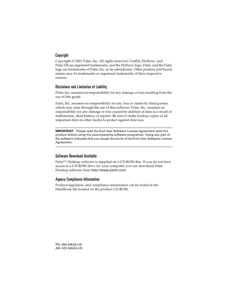 Copyright, Disclaimer and limitation of liability, Software download available | Agency compliance information | Palm handheld m100 User Manual | Page 2 / 28