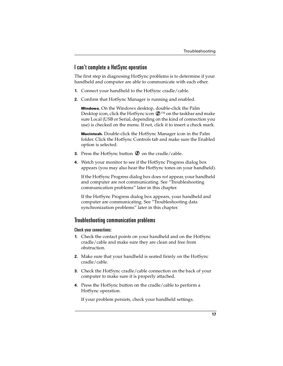 I can’t complete a hotsync operation, Troubleshooting communication problems, Check your connections | Palm handheld m100 User Manual | Page 21 / 28