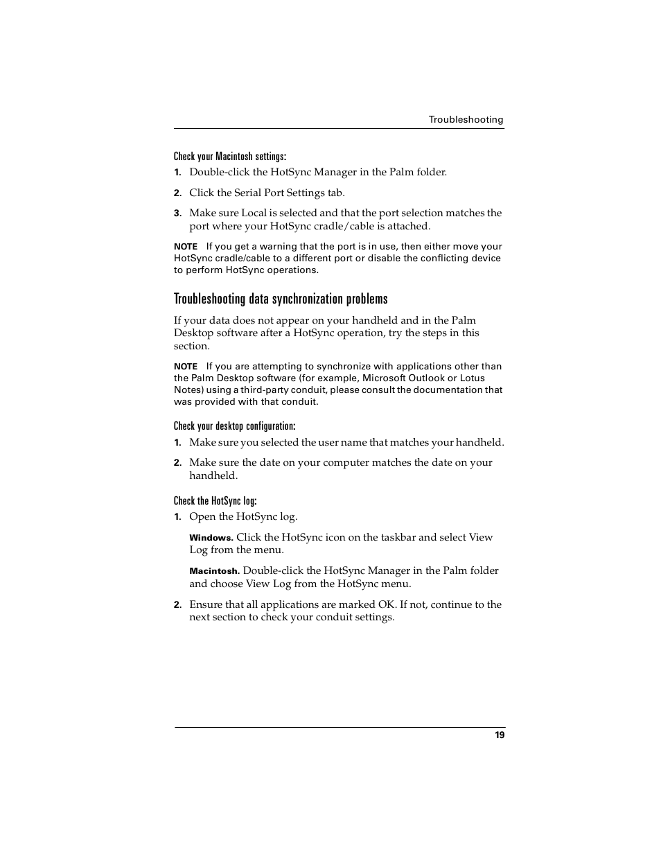 Check your macintosh settings, Troubleshooting data synchronization problems, Check your desktop configuration | Check the hotsync log | Palm handheld m100 User Manual | Page 23 / 28
