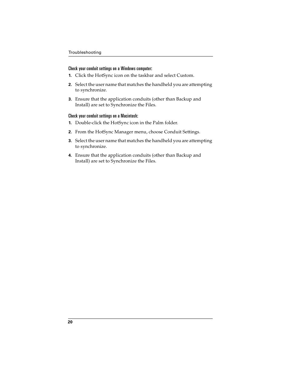 Check your conduit settings on a windows computer, Check your conduit settings on a macintosh | Palm handheld m100 User Manual | Page 24 / 28