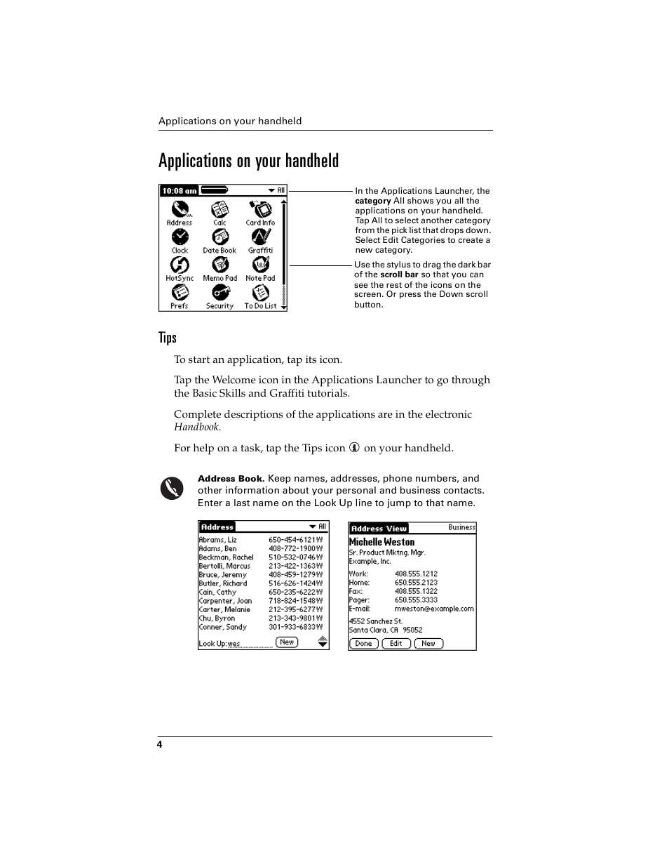 Applications on your handheld, Tips | Palm handheld m100 User Manual | Page 8 / 28