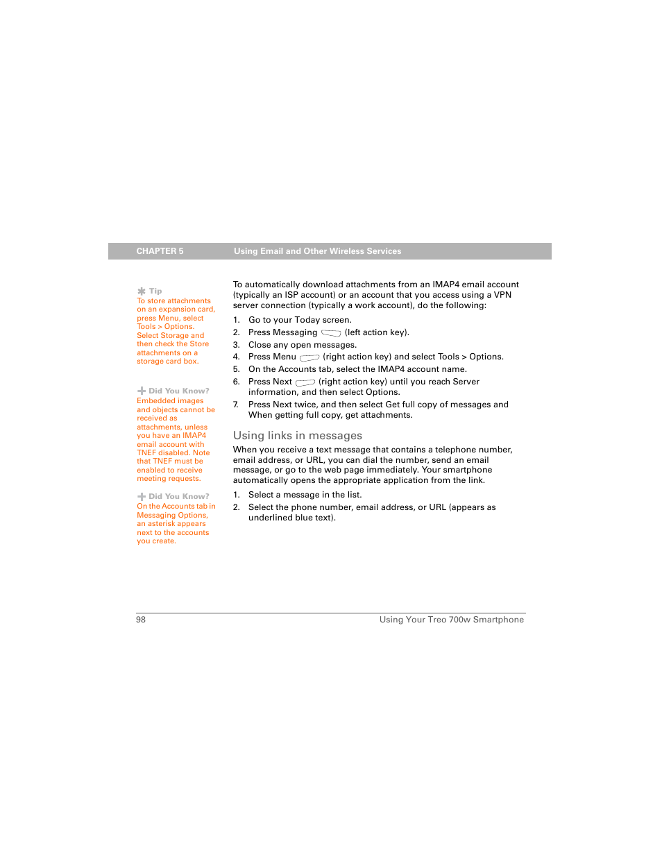 Using links in messages | Palm 700w User Manual | Page 106 / 290