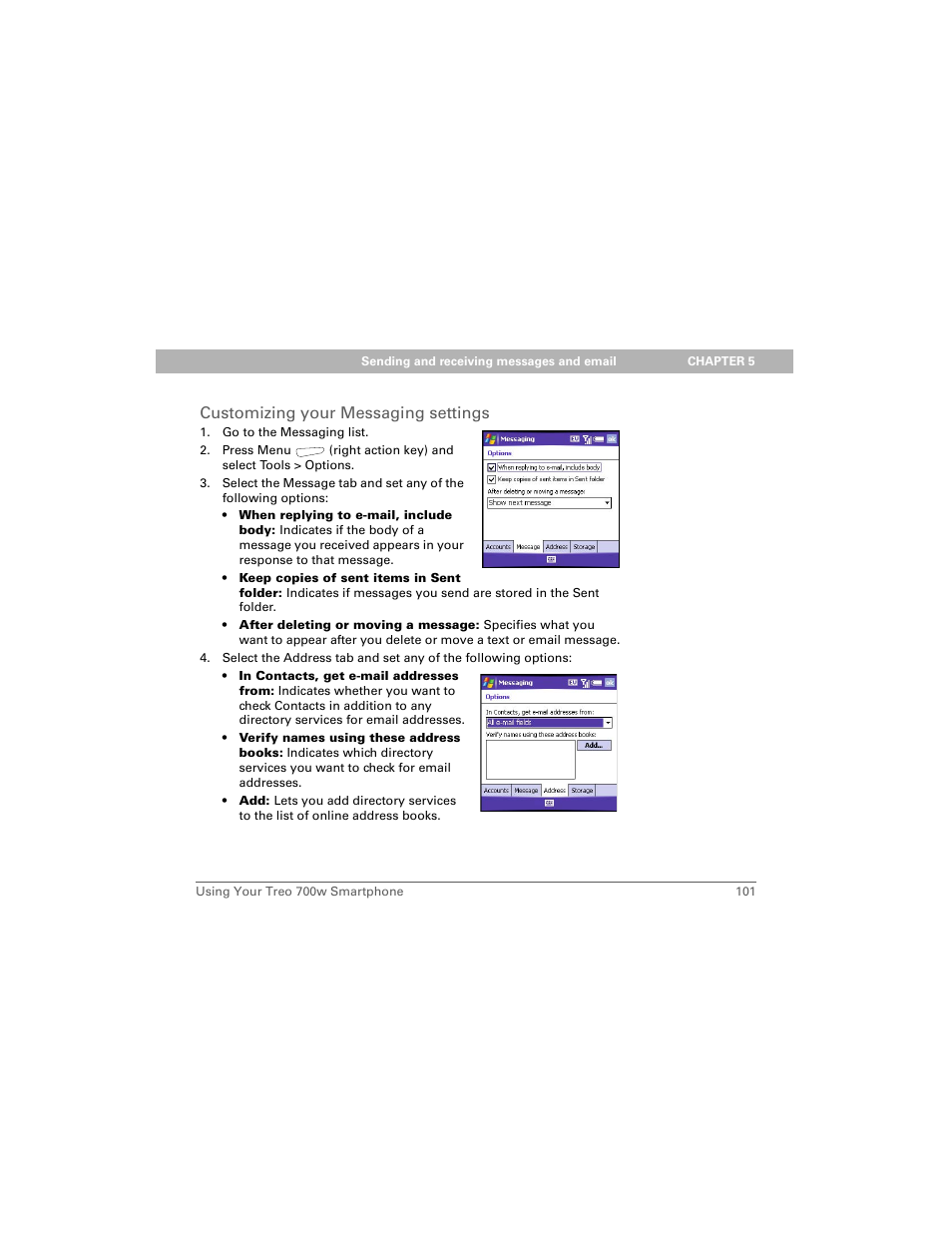 Customizing your messaging settings | Palm 700w User Manual | Page 109 / 290