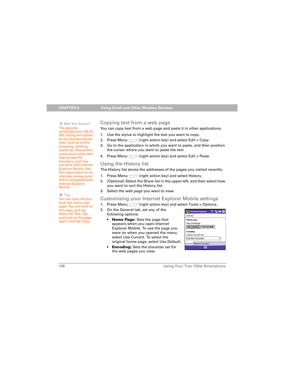 Using the history list, Customizing your internet explorer mobile settings, Copying text from a web page | Palm 700w User Manual | Page 116 / 290