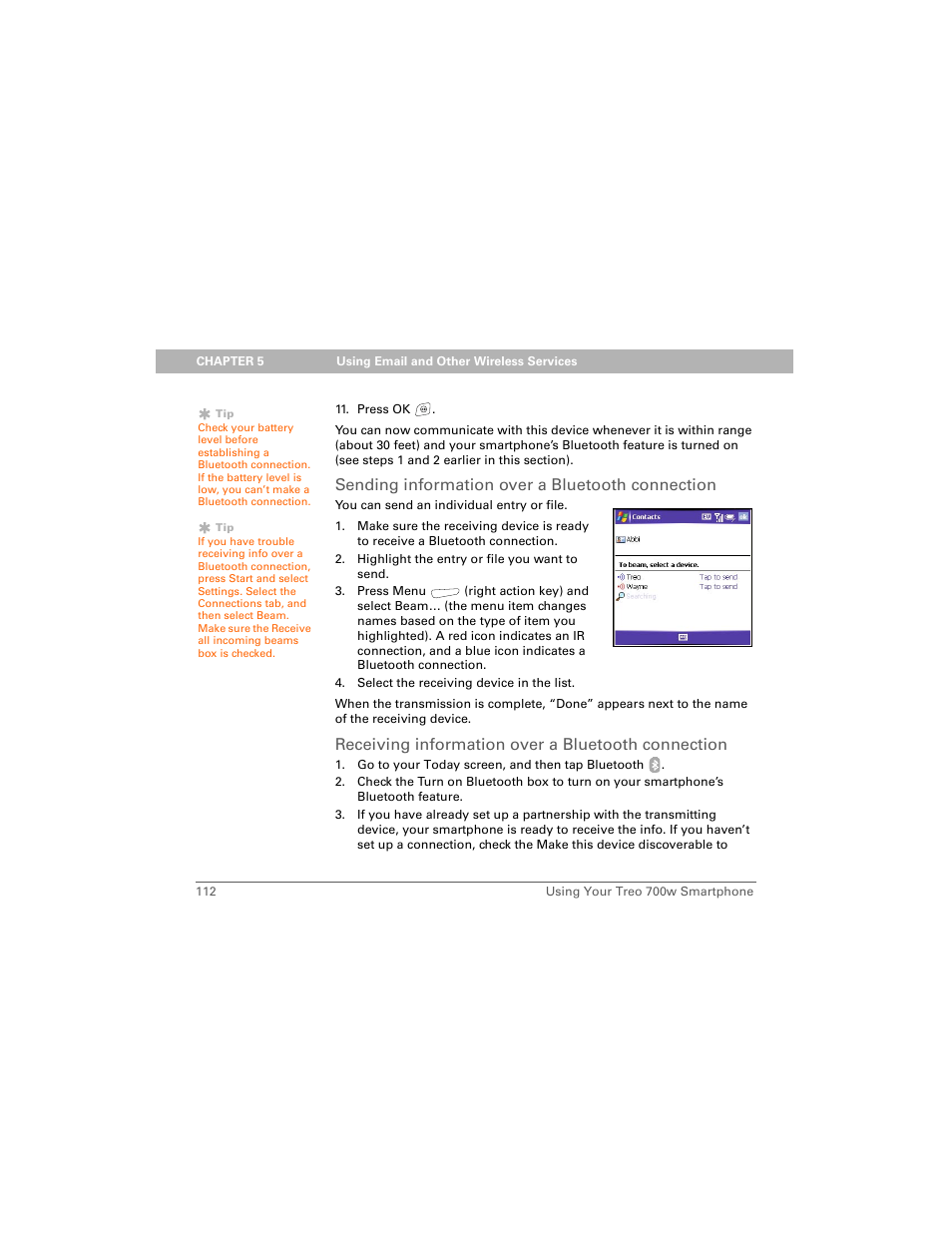 Sending information over a bluetooth connection, Receiving information over a bluetooth connection | Palm 700w User Manual | Page 120 / 290