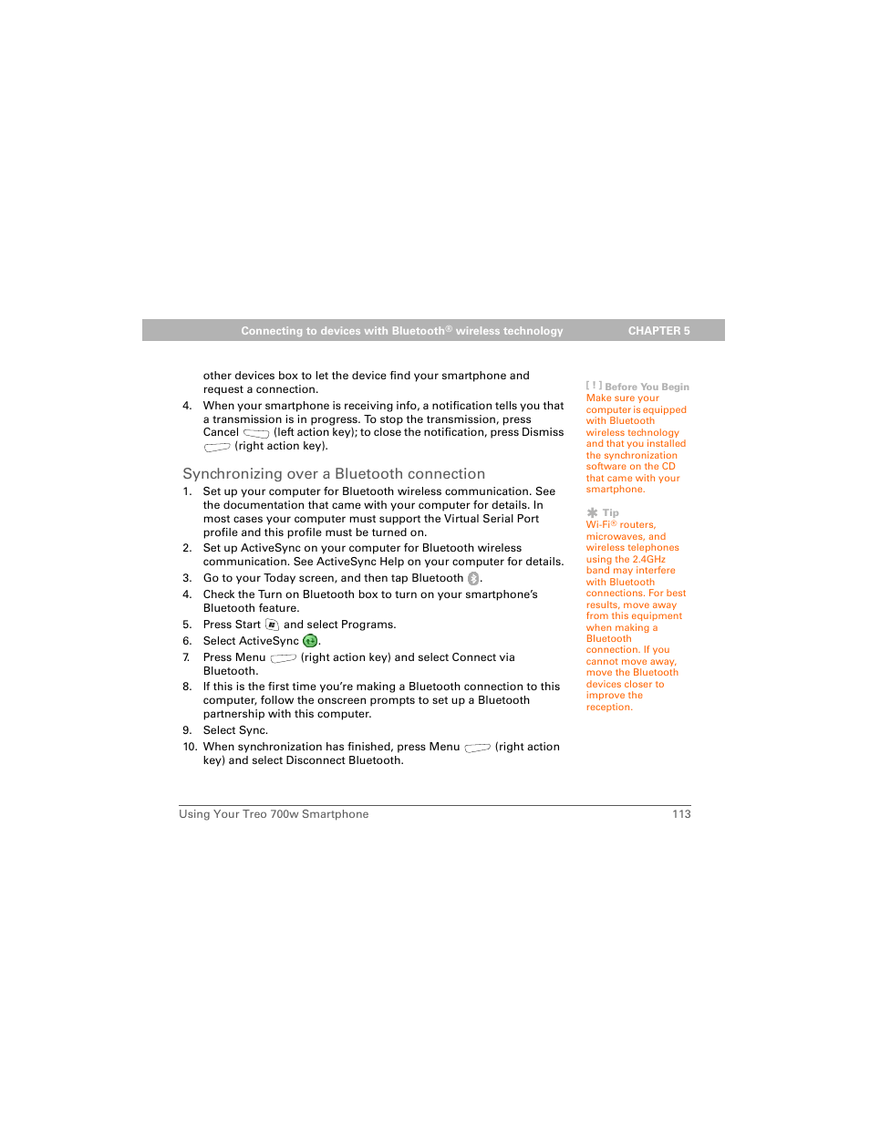 Synchronizing over a bluetooth connection | Palm 700w User Manual | Page 121 / 290