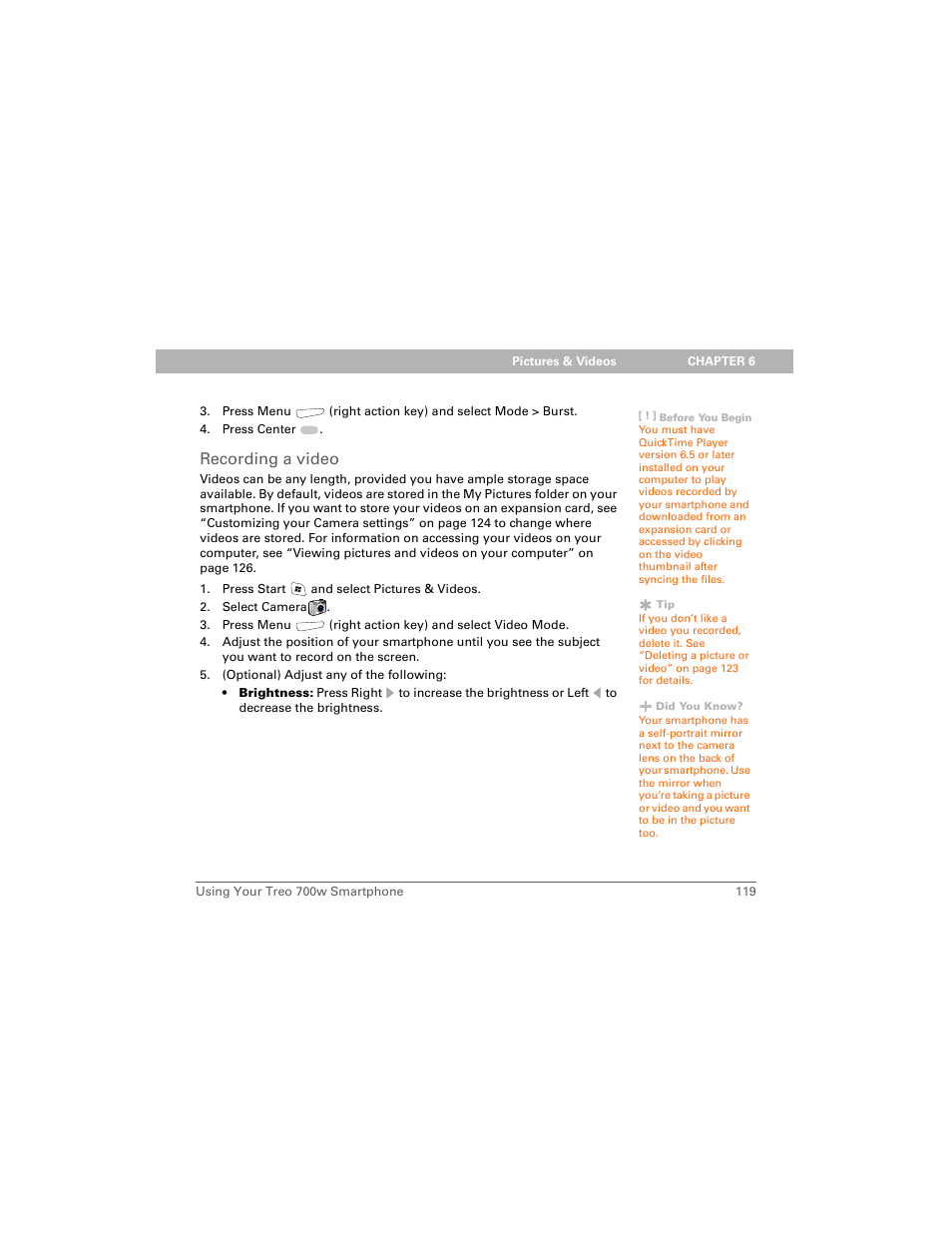Recording a video | Palm 700w User Manual | Page 127 / 290