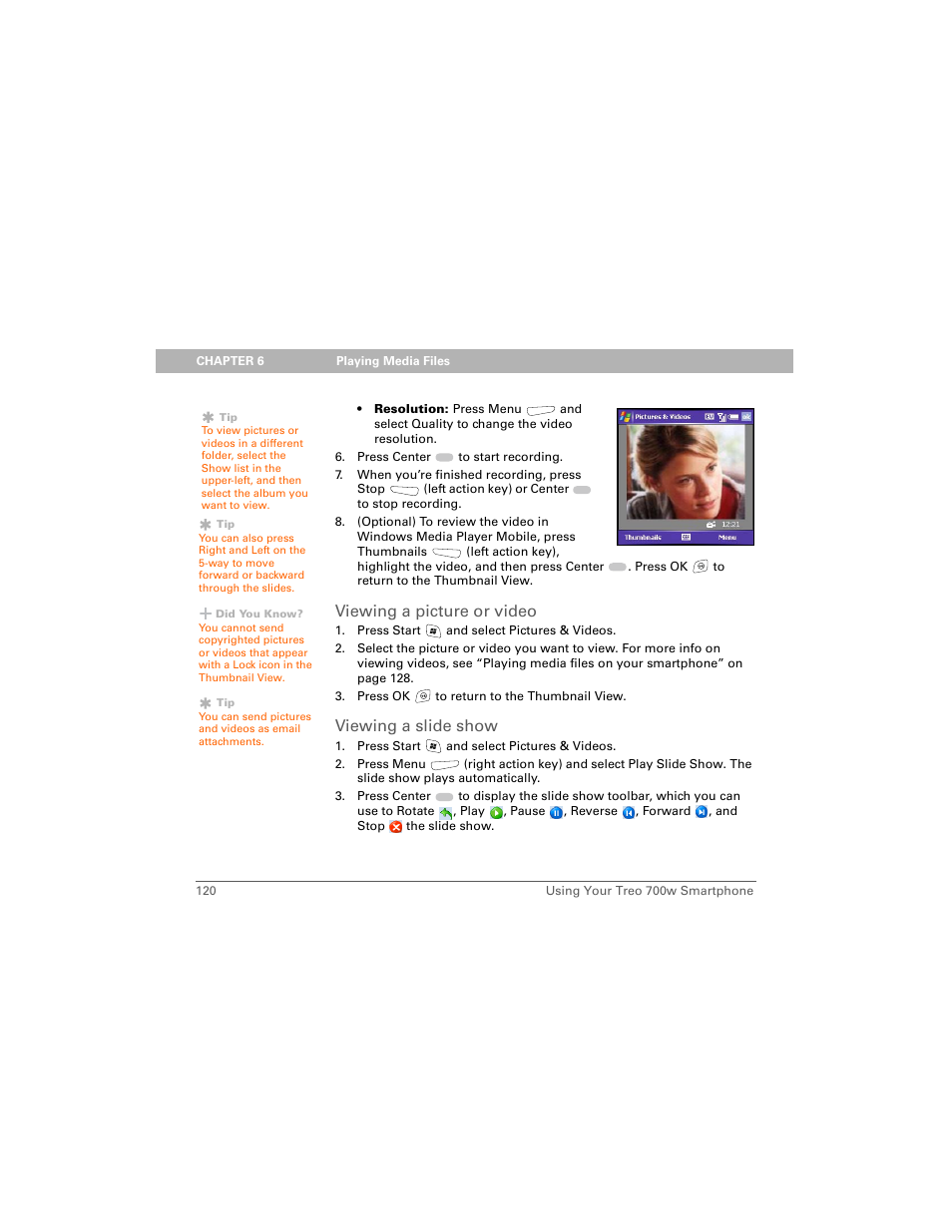 Viewing a picture or video, Viewing a slide show | Palm 700w User Manual | Page 128 / 290
