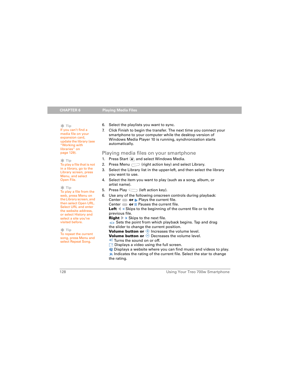 Playing media files on your smartphone | Palm 700w User Manual | Page 136 / 290