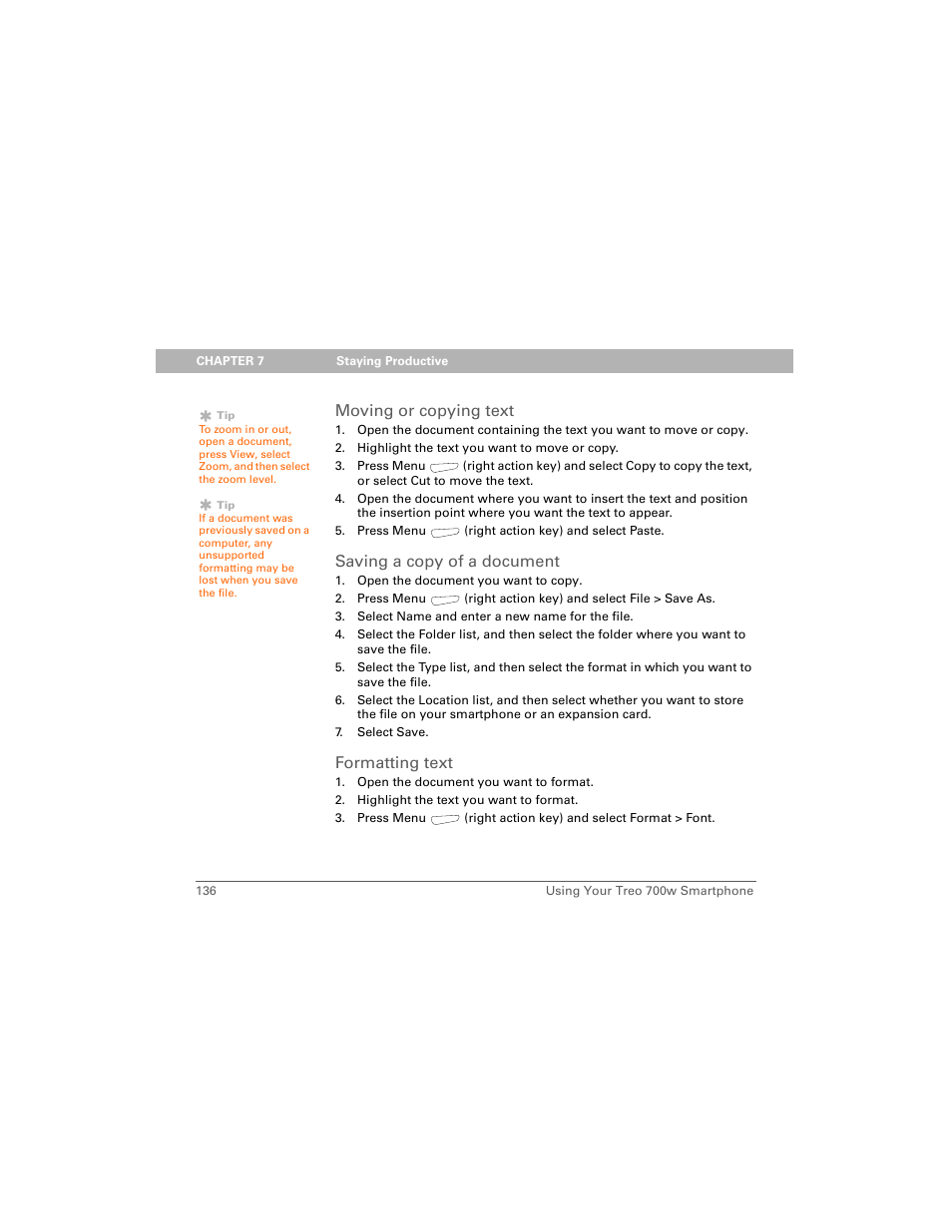 Moving or copying text, Saving a copy of a document, Formatting text | Palm 700w User Manual | Page 144 / 290