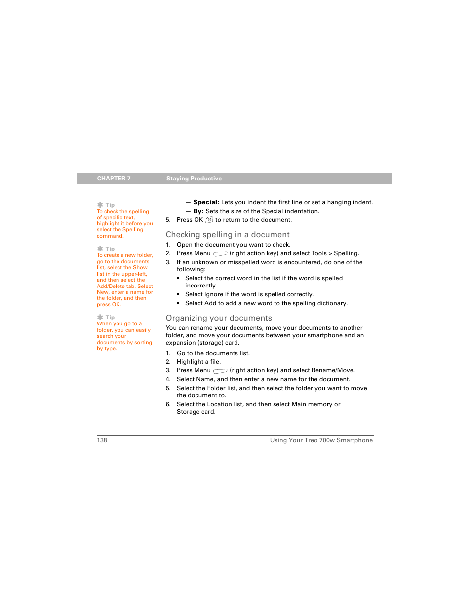 Checking spelling in a document, Organizing your documents | Palm 700w User Manual | Page 146 / 290