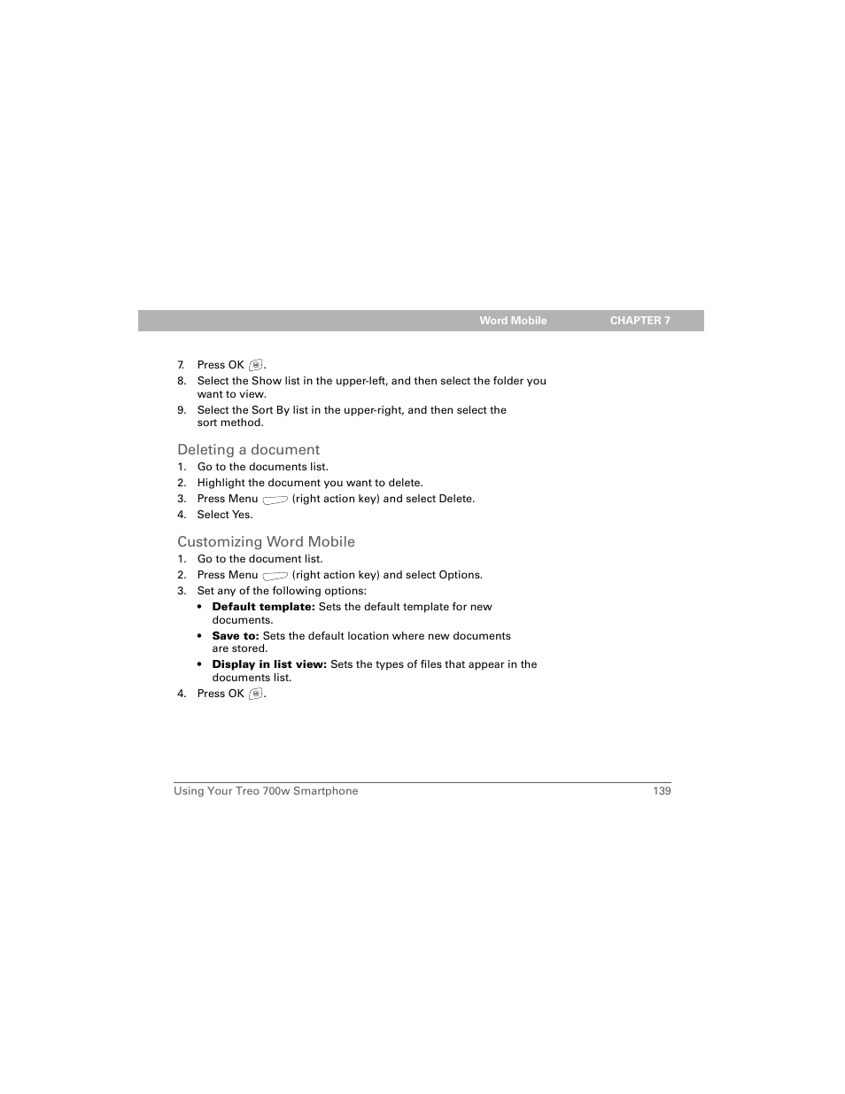 Deleting a document, Customizing word mobile | Palm 700w User Manual | Page 147 / 290